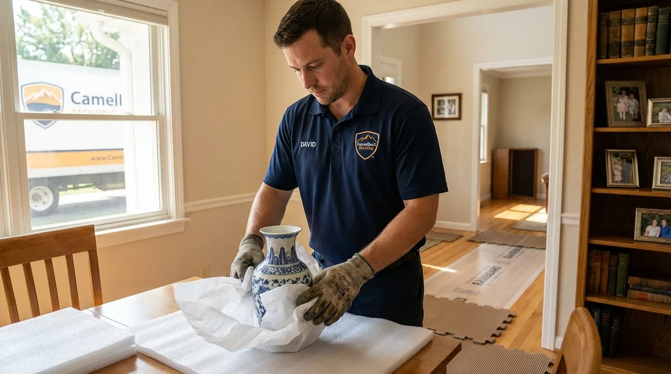 Professional crew carefully wrapping antique vase for senior downsizing move in Murrysville, PA